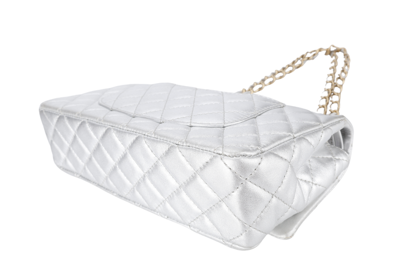 CHANEL CLASSIC FLAP METALLIC SILVER LAMBSKIN (1264xxxx) MEDIUM SIZE WITH DUST COVER AND CARD