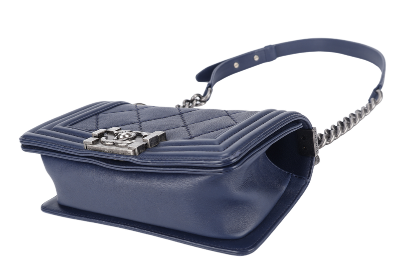 CHANEL DOUBLE STITCH BOY SMALL NAVY BLUE CALFSKIN RUTHENIUM HARDWARE (1877xxxx) (YEAR 2013-2014) WITH CARD AND DUST COVER