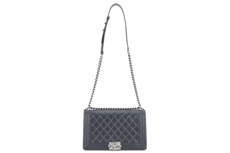 CHANEL LE BOY (2111xxxx) NEW MEDIUM BLACK LAMBSKIN RUTHENIUM HARDWARE WITH CARD AND DUST COVER