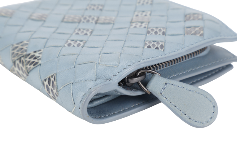 BOTTEGA VENETA INTRECCIATO BLUE NAPA LEATHER SNAKESKIN BI-FOLD WALLET WITH DUST COVER