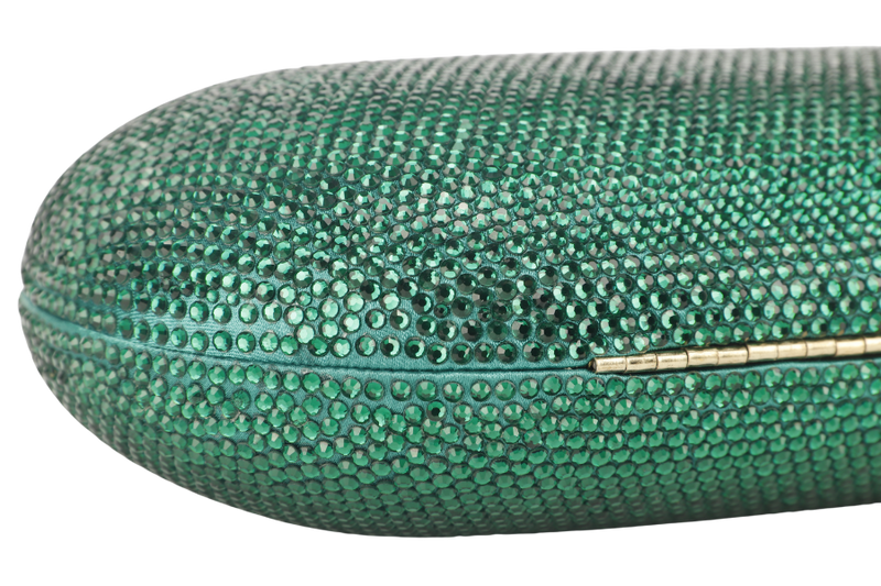 THE CHIC INITIATIVE GREEN CRYSTAL CLUTCH SILVER HARDWARE WITH DUST COVER AND BOX