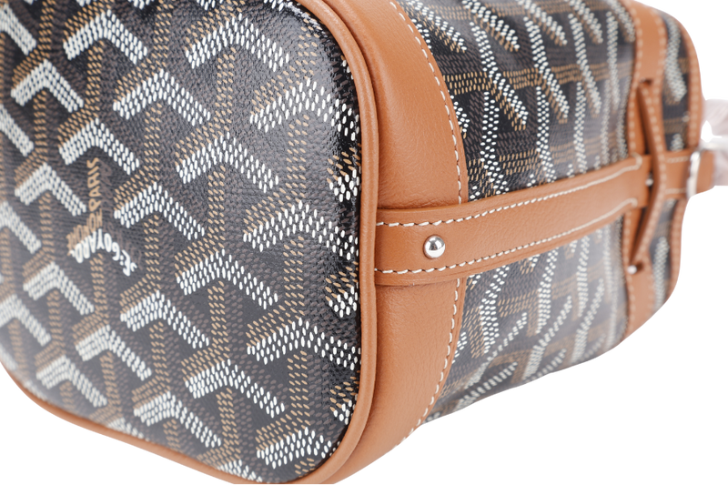 GOYARD PETIT FLOT MINI BUCKET BLACK AND TAN SILVER HARDWARE WITH STRAPS AND DUST COVER