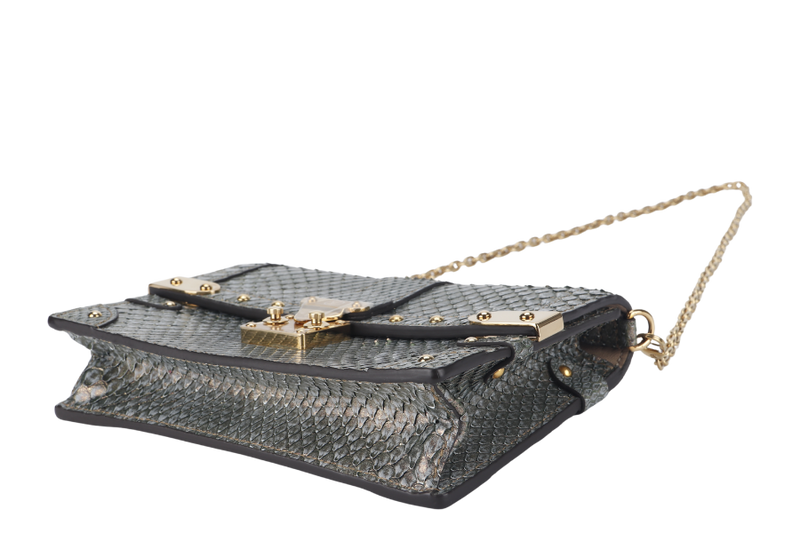 LOUIS VUITTON TRUNK CHAIN WALLET (N99721) PYTHON METALLIC LEATHER GOLD HARDWARE WITH CHAIN, STRAP AND DUST COVER