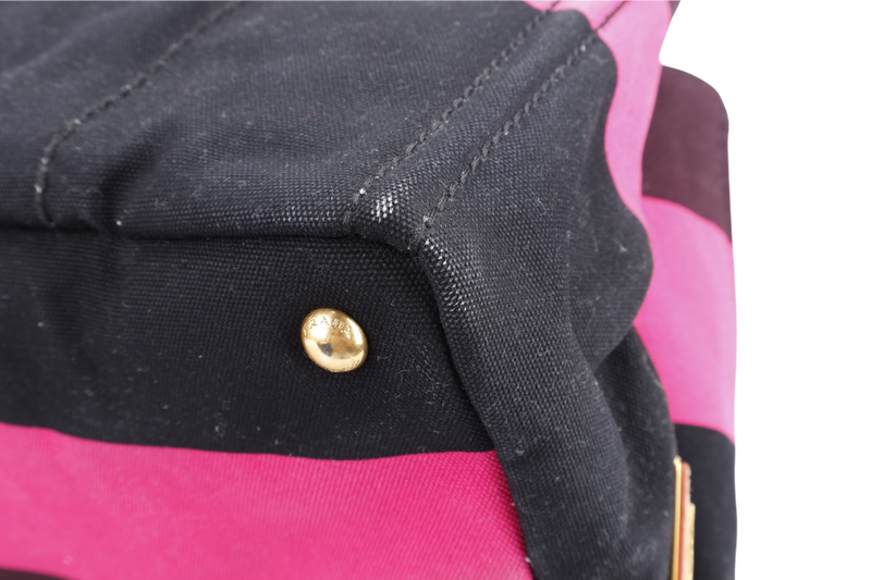 PRADA CANAPA RIGHE B1872B PINK AND DARK BROWN CANVAS TOTE BAG WITH CARD AND DUST COVER
