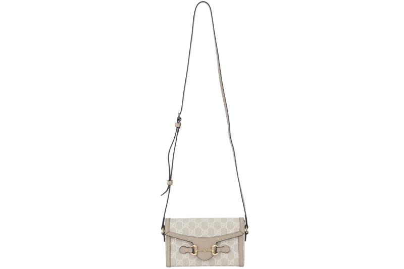 GUCCI MINI HORSEBIT 1955 (699296) BEIGE WHITE GG SUPREME CANVAS GOLD HARDWARE (PIG SKIN) WITH DUST COVER AND BOX