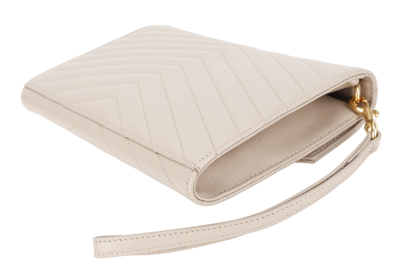 YVES SAINT LAURENT (YSL) CLUTCH BEIGE LEATHER GOLD HARDWARE WITH DUST COVER AND BOX