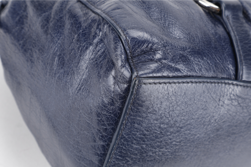 MIU MIU VITELLO SHINE SATCHEL DARK BLUE LEATHER SILVER HARDWARE WITH STRAPS AND NO DUST COVER