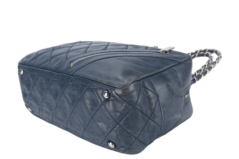 CHANEL CLUB BOWLER BAG (1138xxxx) BLUE CALFSKIN QUILTED COTTON LEATHER SILVER HARDWARE NO DUST COVER