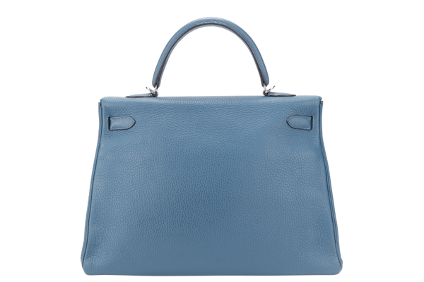 HERMES KELLY 35 BLUE COLVERT CLEMENCE LEATHER SILVER HARDWARE STAMP Q (YEAR 2013) WITH STRAPS, KEYS & LOCK , BOX AND PAPER BAG (NO DUST COVER)