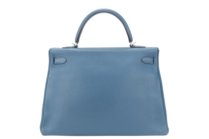 HERMES KELLY 35 BLUE COLVERT CLEMENCE LEATHER SILVER HARDWARE STAMP Q (YEAR 2013) WITH STRAPS, KEYS & LOCK , BOX AND PAPER BAG (NO DUST COVER)