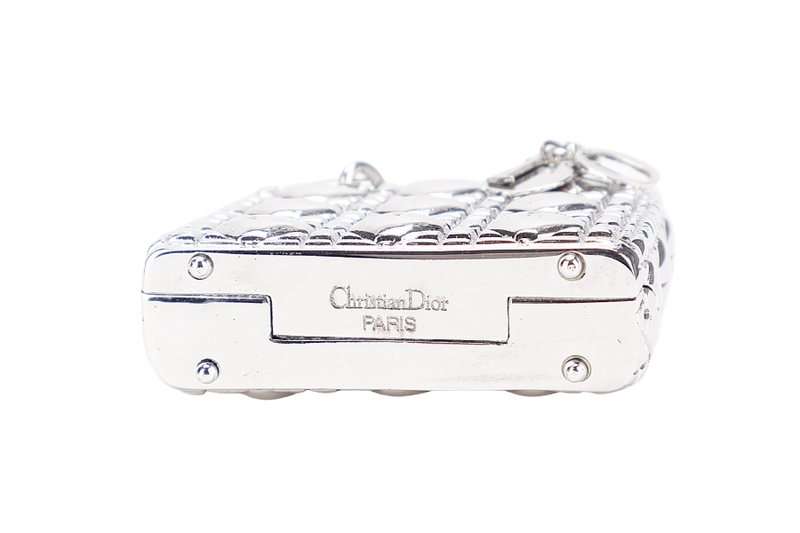 CHRISTIAN DIOR LADY DIOR I ON IN SILVER METAL CHARMS AND PILL BOX WITH DUST COVER AND BOX