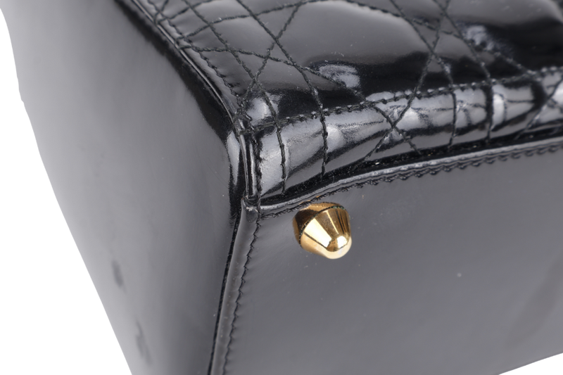 CHRISTIAN DIOR LADY DIOR LARGE PATENT BLACK GOLD HARDWARE WITH CARD AND DUST COVER