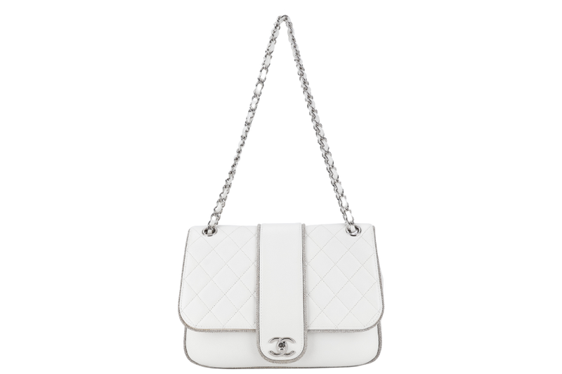 CHANEL WHITE QUILTED LEATHER GLITTER TRIM EDGE SHOULDER BAG SILVER CHAIN 2718xxxx WITH CARD, DUST COVER AND BOX