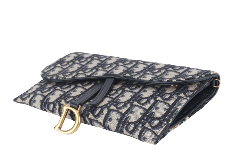 CHRISTIAN DIOR LONG SADDLE WALLET WITH CHAIN BLUE OBLIQUE LEATHER TRIMS GOLD HARDWARE WITH DUST COVER, STRAPS AND BOX