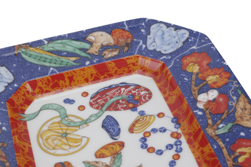 HERMES MARQUETERIE DE PIERRES D'ORIENT PORCELAIN SQUARE PLATE WITH BOX