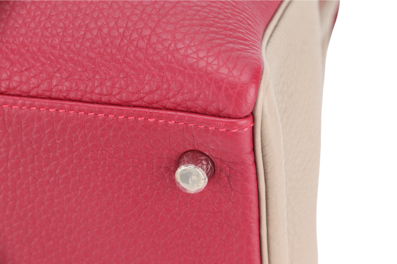 HERMES KELLY 32 HSS VERSO TOSCA AND GRIS T COLOR TOGO LEATHER BRUSHED SILVER HARDWARE STAMP O (YEAR 2011) WITH LOCK, KEYS AND STRAP, NO DUST COVER