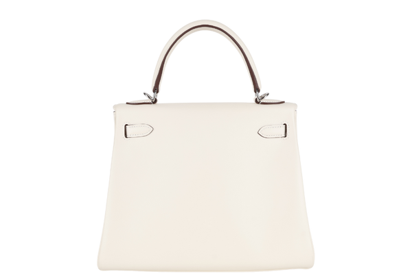 HERMES KELLY 25 IN AND OUT NATA COLOR SWIFT LEATHER SILVER HARDWARE STAMP Z (YEAR 2021) WITH STRAPS, KEYS, LOCK, DUST COVER AND BOX