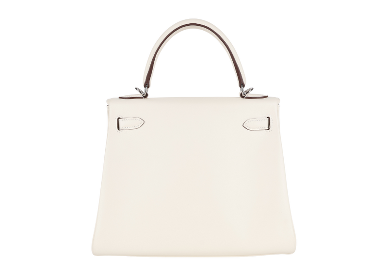 HERMES KELLY 25 IN AND OUT NATA COLOR SWIFT LEATHER SILVER HARDWARE STAMP Z (YEAR 2021) WITH STRAPS, KEYS, LOCK, DUST COVER AND BOX