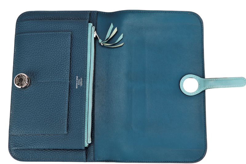 HERMES DONGON DUO WALLET (STAMP X) YEAR 2016 BLUE TOGO LEATHER PALLADIUM HARDWARE NO DUST COVER & BOX