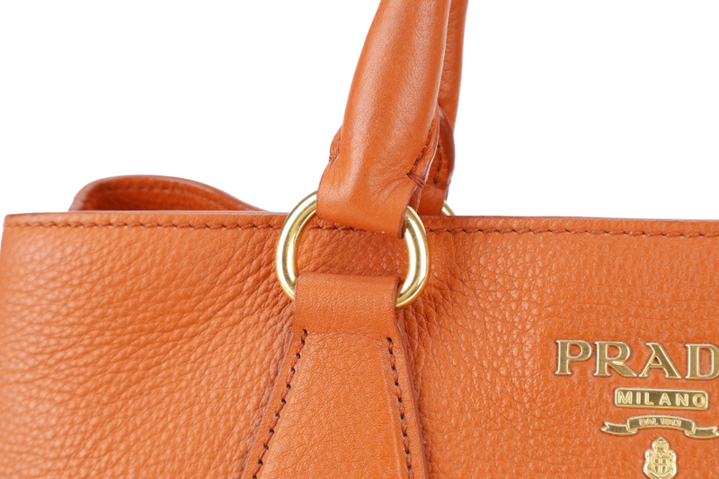 PRADA BN2579 VITELLO DAINO ZIP BAG ORANGE LEATHER GOLD HARDWARE WITH DUST COVER, LONG STRAPS AND CARD