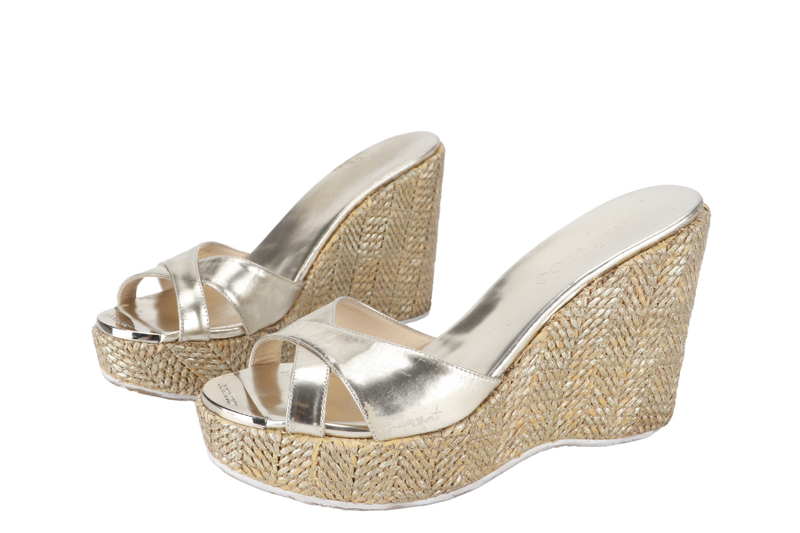 JIMMY CHOO WEDGES SANDALS LIGHT GOLD SIZE 38