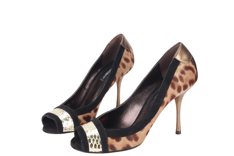 DOLCE & GABBANA CALF HAIR LEAPORD PRINT GOLD PYTHON METALLIC LEATHER PUMP SIZE 39