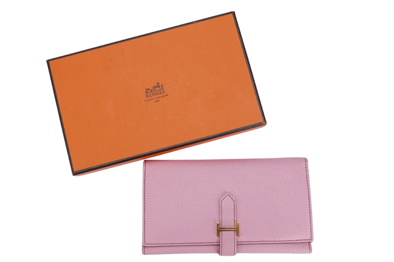 Hermes Bearn Wallet (Stamp M) Triple Fold Rose Sakura Chevre Leather, with Box
