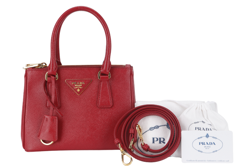 PRADA GALLERIA MINI TOTE (1BA906) RED SAFFIANO LEATHER GOLD HARDWARE WITH STRAP AND DUST COVER