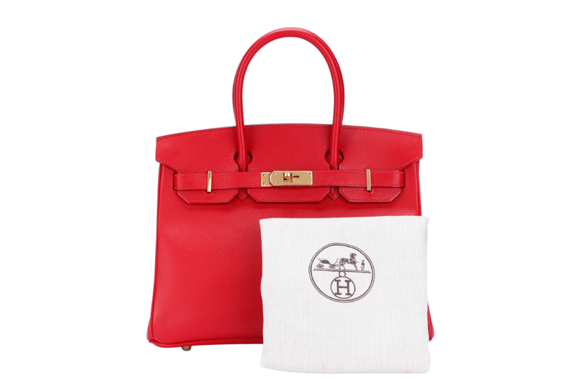 Hermes Birkin 30, Stamp Q, Rouge Casaque Color, Epsom Leather, Gold Hardware, with Dust Cover