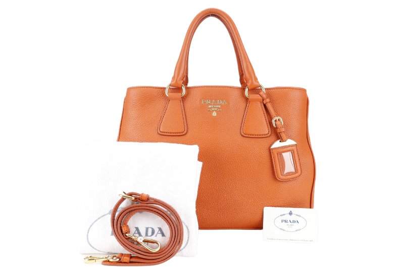 PRADA BN2579 VITELLO DAINO ZIP BAG ORANGE LEATHER GOLD HARDWARE WITH DUST COVER, LONG STRAPS AND CARD