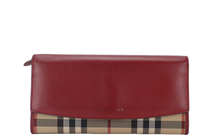 BURBERRY CHECK RED CANVAS LONG WALLET GOLD HARDWARE WITH DUST COVER AND BOX