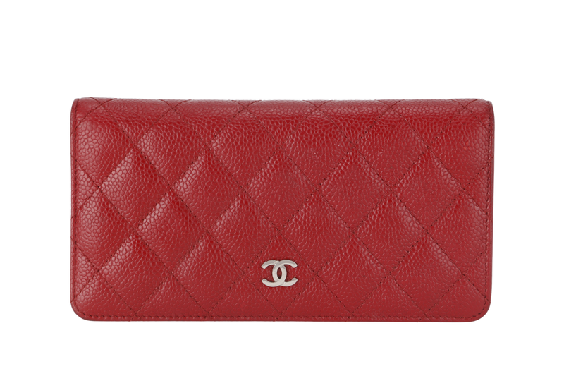 CHANEL WALLET QUILTED YEN BURGUNDY RED (2125xxxx) SILVER HARDWARE WITH CARD