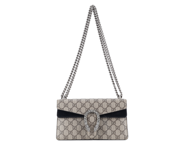 GUCCI DIONYSUS GG SUPREME CHAIN SHOULDER BAG SMALL BROWN LEATHER SUEDE SILVER HARDWARE WITH DUST COVER AND BOX