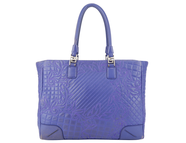 VERSACE PURPLE QUILTED LEATHER ELETTRA VANITAS TOTE GOLD HARDWARE WITH DUST COVER