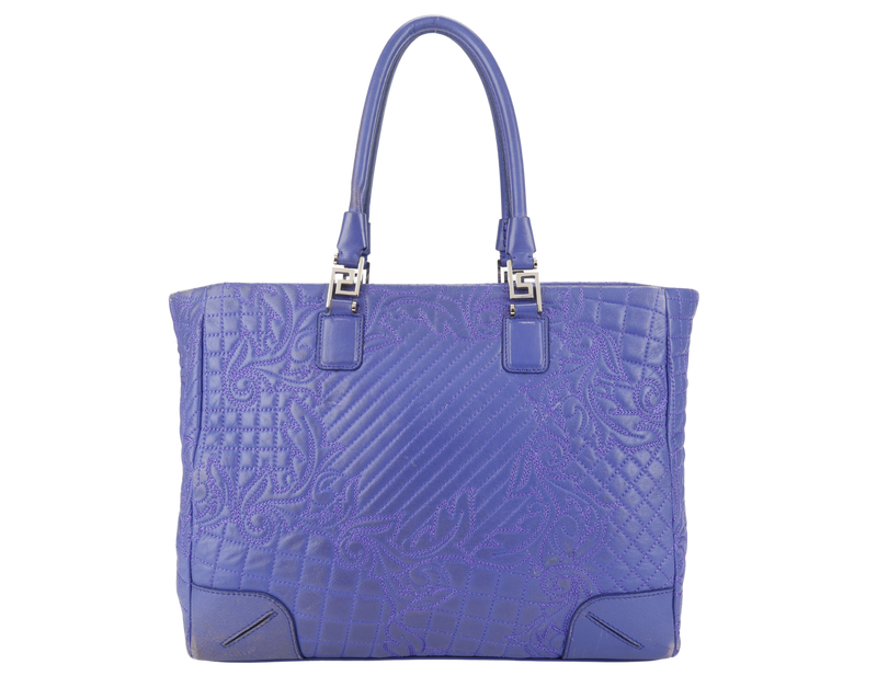 VERSACE PURPLE QUILTED LEATHER ELETTRA VANITAS TOTE GOLD HARDWARE WITH DUST COVER