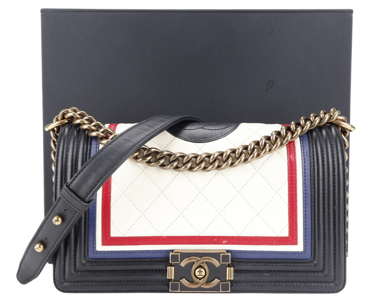 CHANEL LEBOY (2191xxxx) CREST BLACK, RED, WHITE & BLUE LAMBSKIN LEATHER GOLD HARDWARE WITH BOX