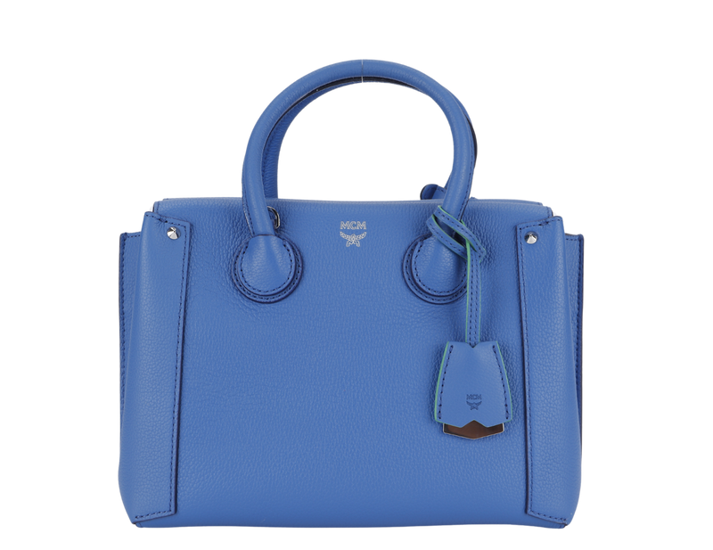 MCM NEO MILLA TOTE PARK AVE MEDIUM BLUE LEATHER SILVER HARDWARE WITH STRAPS AND DUST COVER