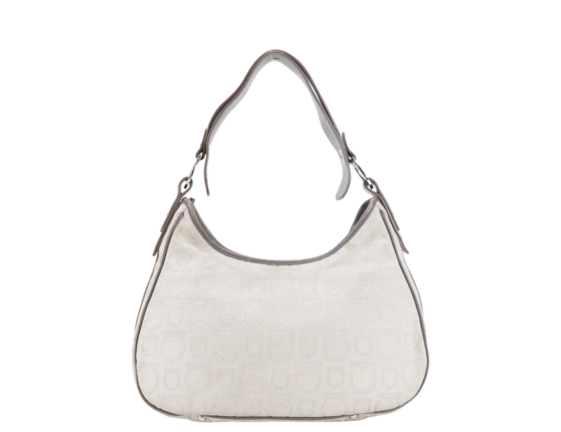 SALVATORE FERRAGAMO GANCINI GREY CANVAS WITH BROWN LEATHER LINING SILVER HARDWARE WITH DUST COVER