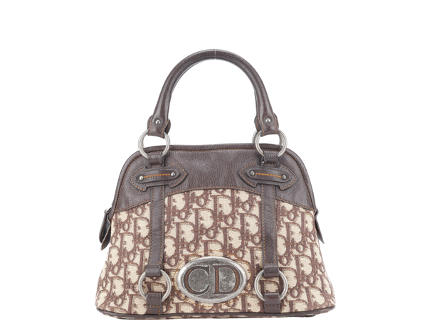 CHRISTIAN DIOR VINTAGE OBLIQUE TROTTER SATCHEL BAG BROWN LEATHER BEIGE CANVAS SILVER HARDWARE (07-BO-0036) NO DUST COVER