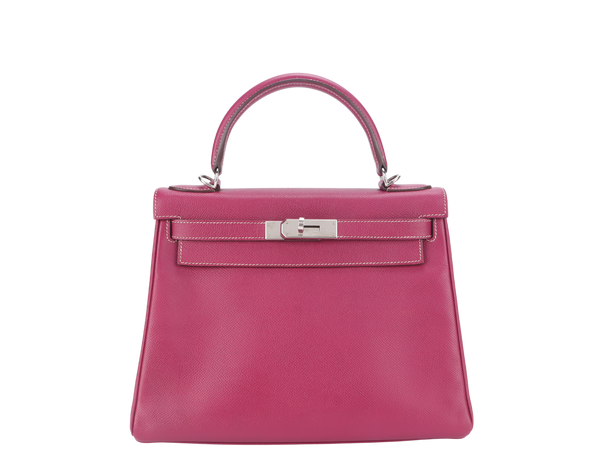 HERMES KELLY 28 CANDY VERSO TOSCA AND ROSE TYRIEN COLOR EPSOM SILVER HARDWARE STAMP O (YEAR 2011) WITH KEYS, LOCK, STRAP AND DUST COVER