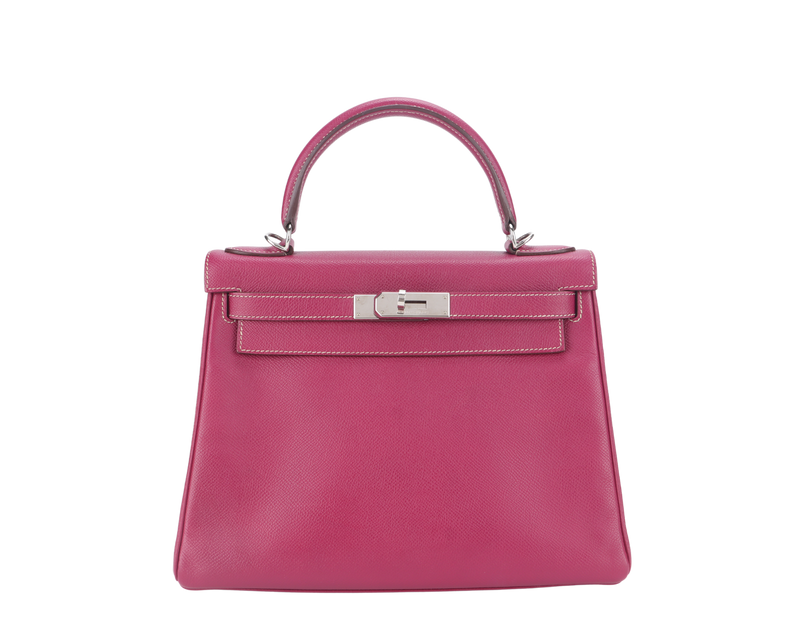 HERMES KELLY 28 CANDY VERSO TOSCA AND ROSE TYRIEN COLOR EPSOM SILVER HARDWARE STAMP O (YEAR 2011) WITH KEYS, LOCK, STRAP AND DUST COVER