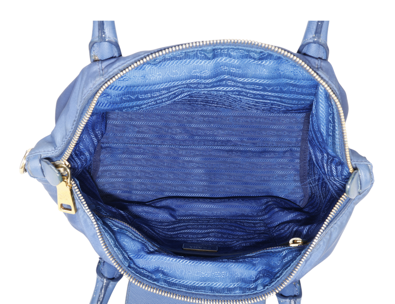 PRADA TESSUTO MEDIUM TOTE (BN2106) NAVY BLUE NYLON GOLD HARDWARE WITH CARD AND STRAPS
