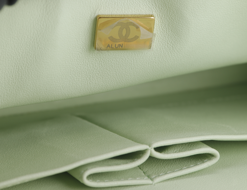 CHANEL FLAP MEDIUM (ALUNxxxx) MINT GREEN CAVIAR LEATHER LIGHT GOLD HARDWARE MICROCHIP WITH DUST COVER