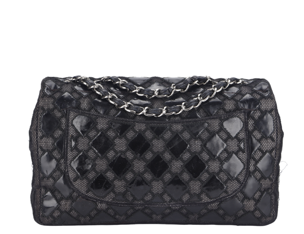 CHANEL CLASSIC FLAP JUMBO (1430xxxx ) BLACK PATENT LACE SILVER HARDWARE NO CARD WITH BOX AND DUST COVER