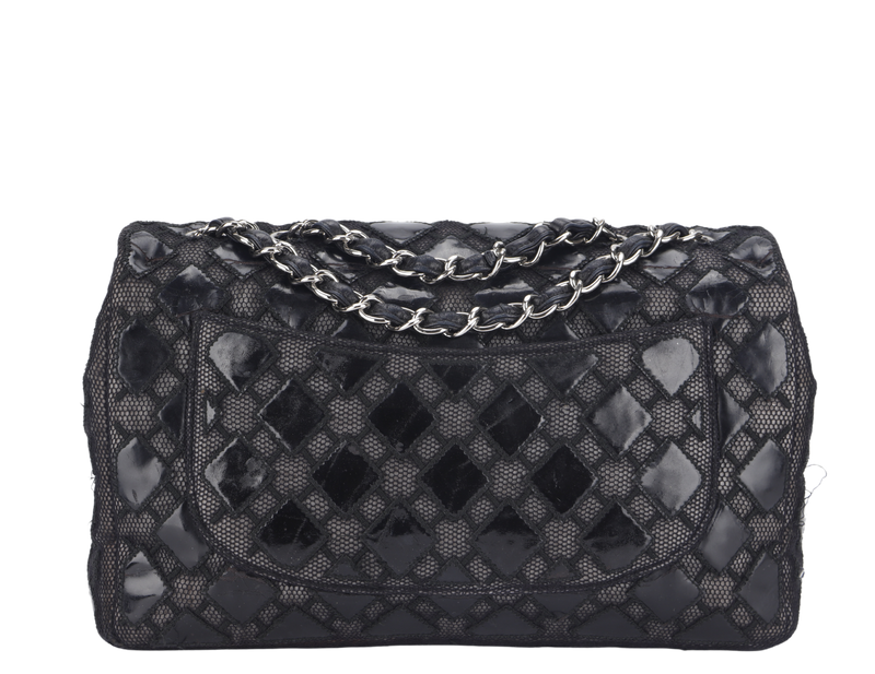 CHANEL CLASSIC FLAP JUMBO (1430xxxx ) BLACK PATENT LACE SILVER HARDWARE NO CARD WITH BOX AND DUST COVER