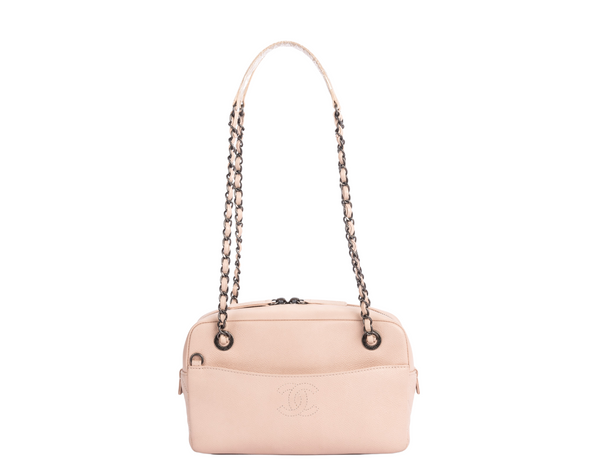 Chanel Light Beige Caviar Leather Camera Bag Ruthenium Chain