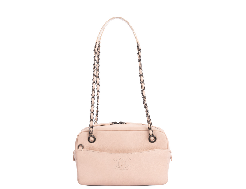 Chanel Light Beige Caviar Leather Camera Bag Ruthenium Chain