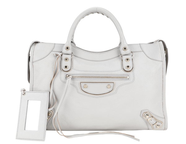 BALENCIAGA CITY EDGE LIGHT GREY LEATHER GOLD HARDWARE WITH STRAPS AND DUST COVER