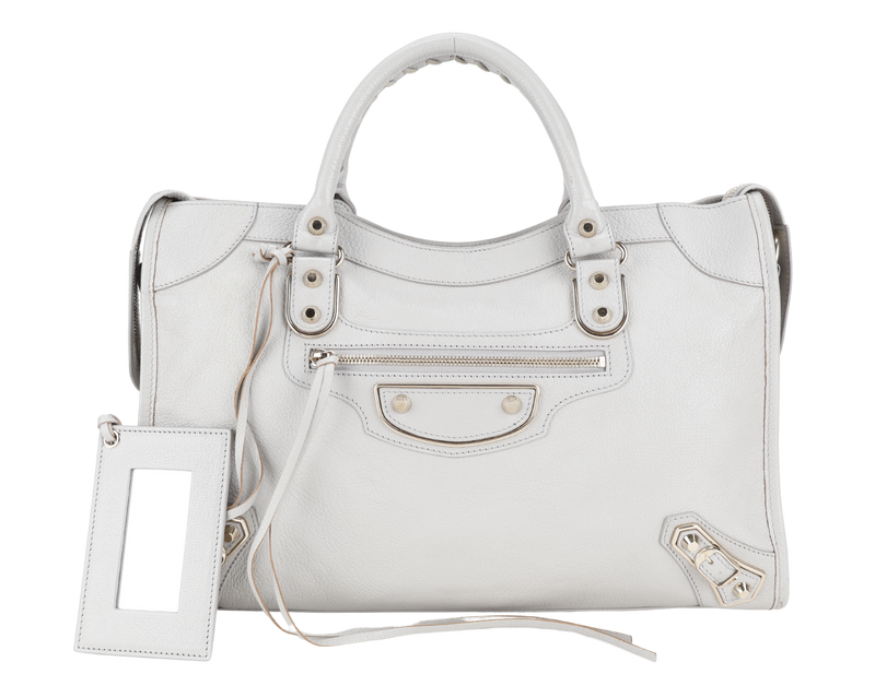 BALENCIAGA CITY EDGE LIGHT GREY LEATHER GOLD HARDWARE WITH STRAPS AND DUST COVER