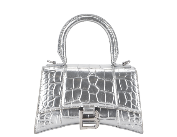 BALENCIAGA HOURGLASS xs HANDBAG IN SILVER METALIC CROC-EFFECT LEATHER SILVER HARDWARE NO DUST COVER